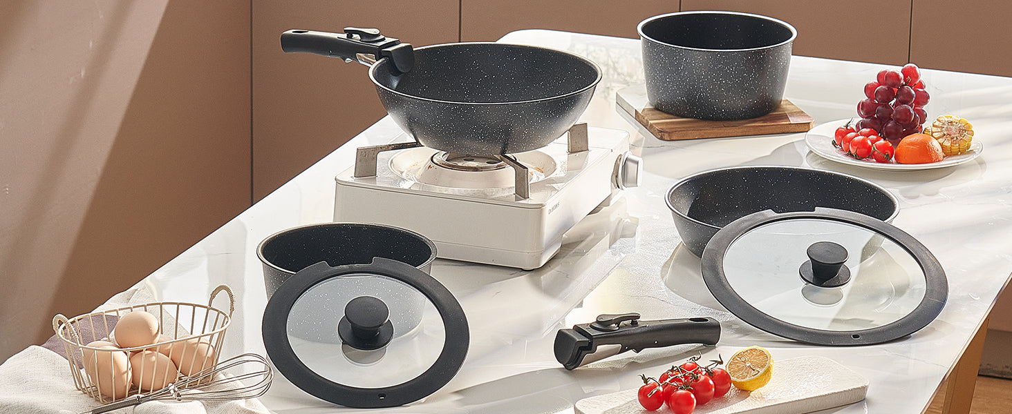 SucceBuy 17 Pcs Nonstick Cookware Set Granite Pots and Pans Set Induction Cookwares Kitchen Cooking Set w/Frying Sauce Saute Pan