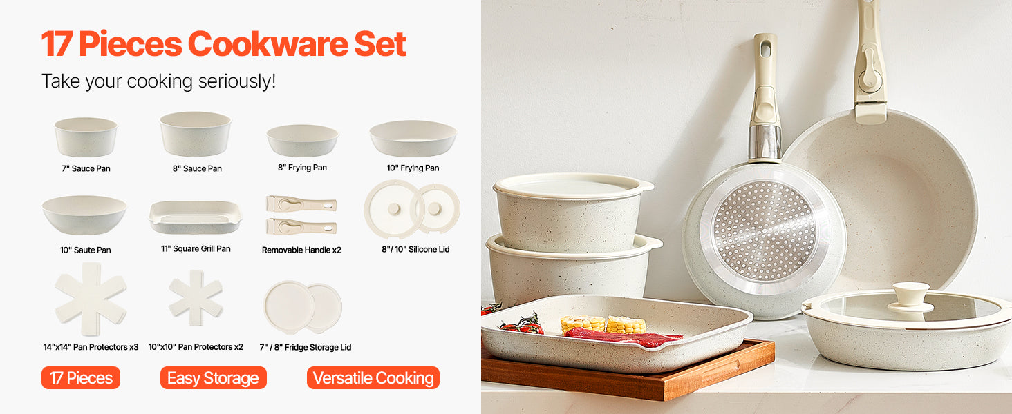 SucceBuy 17 Piece Pots and Pans Set Nonstick Detachable Handle Cookware Kitchen RV Cooking Sets, with Frying, Sauce, Saute Temp