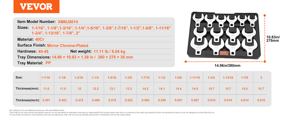 SucceBuy 14/15/20/24PCs Crowfoot Wrench Set 1/2" 3/8" Drive Crows Foot Wrench Set CR-MO Steel Crowfoot Wrench Set