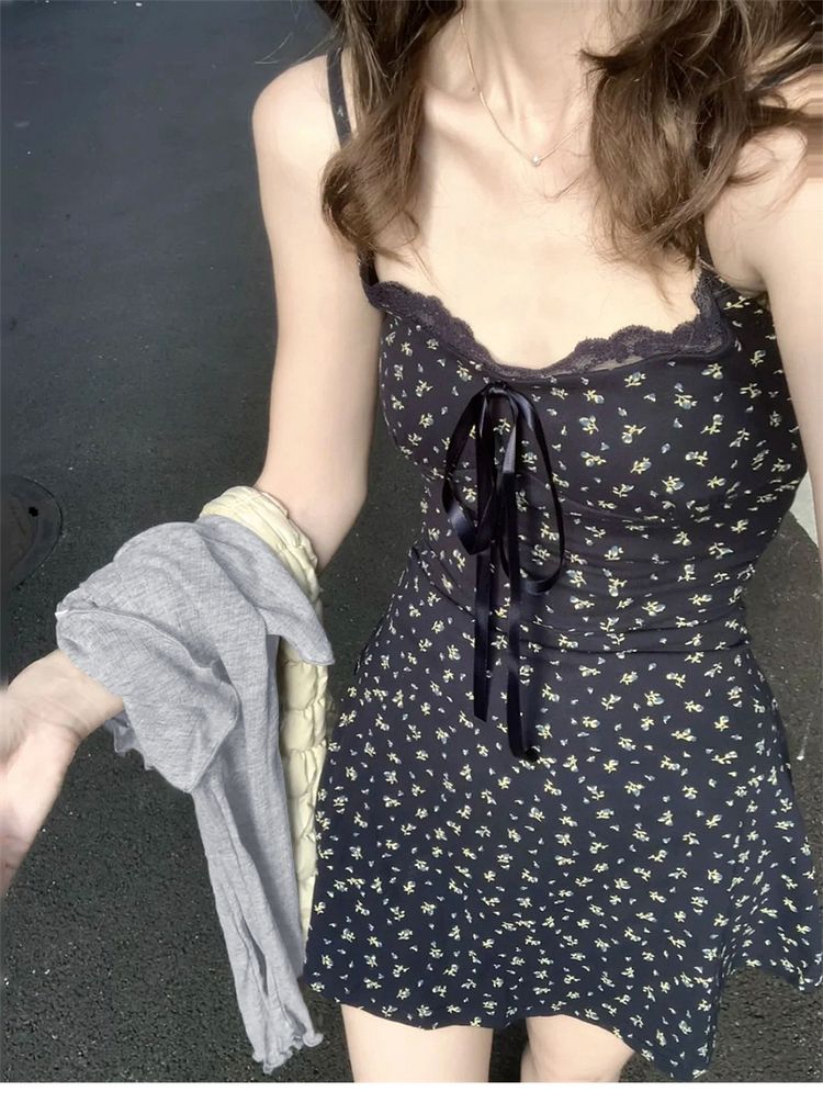 Women's Bodycon Navy Floral Camisole Dress And Plain Knit Cardigan Set Petite Slim Fit Fall Outfit Chic Vacation Cover-Up Spring