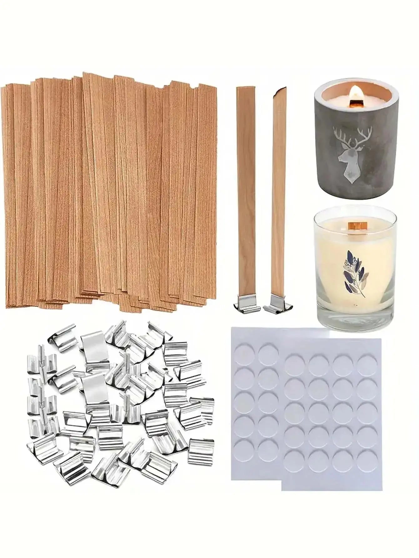 DIY Candle Making Kit - 60pcs Set with Natural Wood Wicks, Metal Stands & Glue Dots for Crafting - Beauty