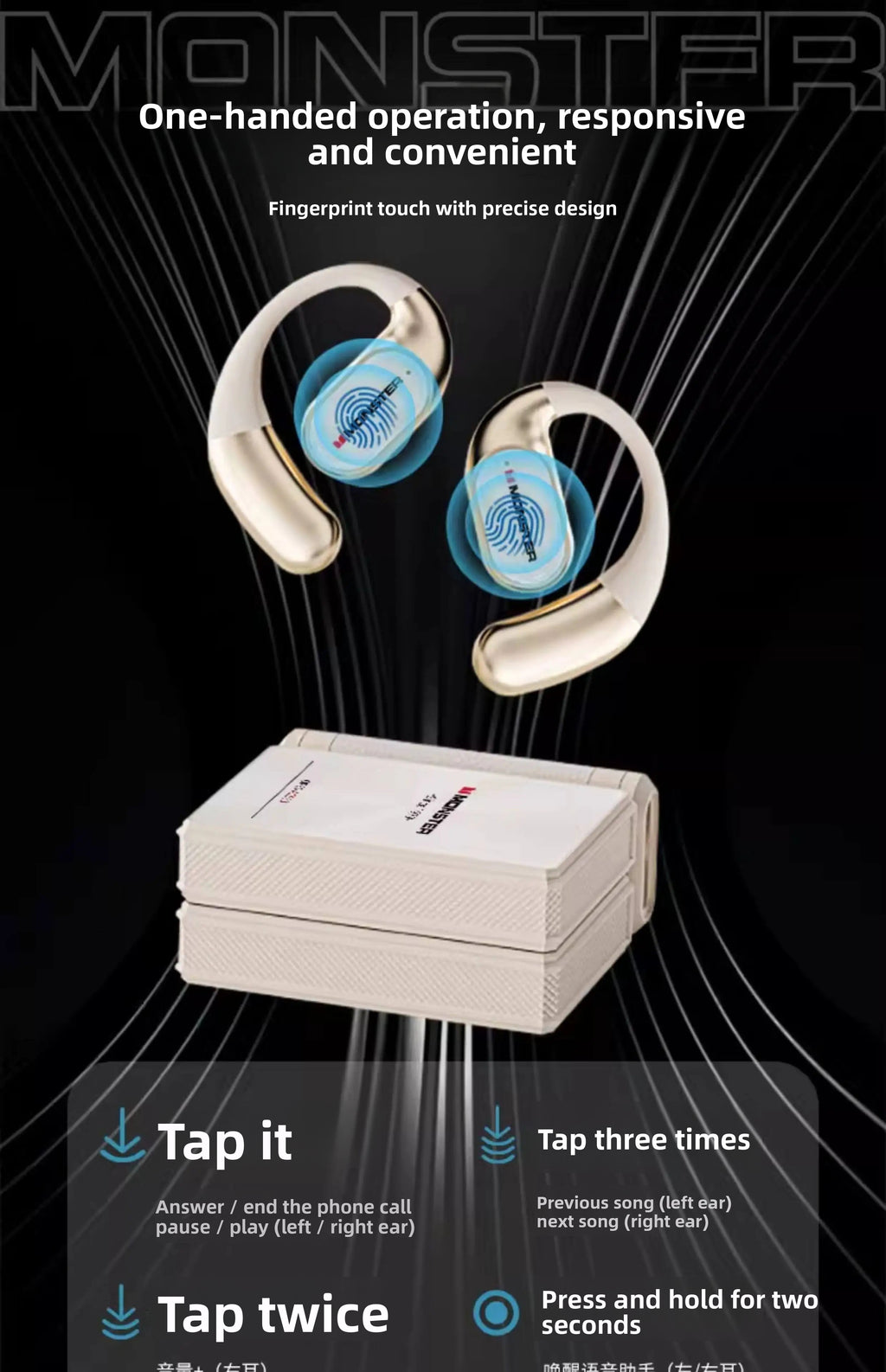 MONSTER AC530 Open-Ear Sports Earbuds Bluetooth 6.0 Wireless Ear Hook Headphones Dual Folding Design IPX5 Waterproof for Running