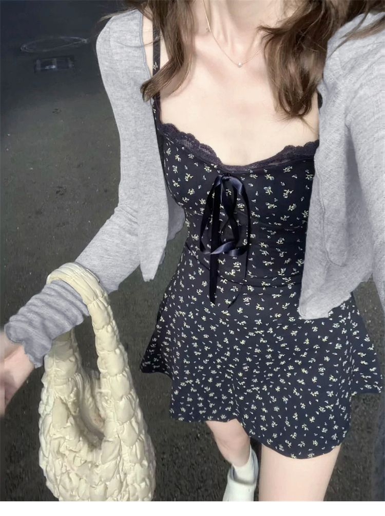 Women's Bodycon Navy Floral Camisole Dress And Plain Knit Cardigan Set Petite Slim Fit Fall Outfit Chic Vacation Cover-Up Spring