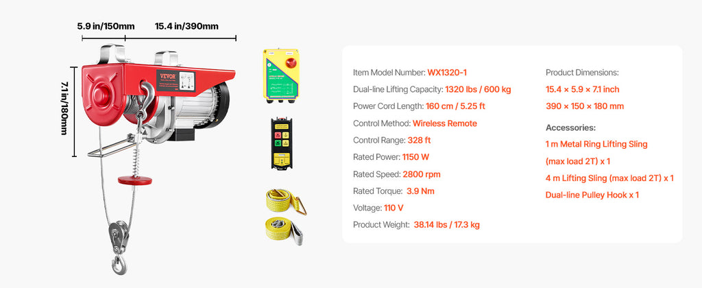SucceBuy 1320-2200 lbs Wireless Electric Hoist with 40ft Single Cable Lifting Height Steel Wire Winch for Garage Warehouse