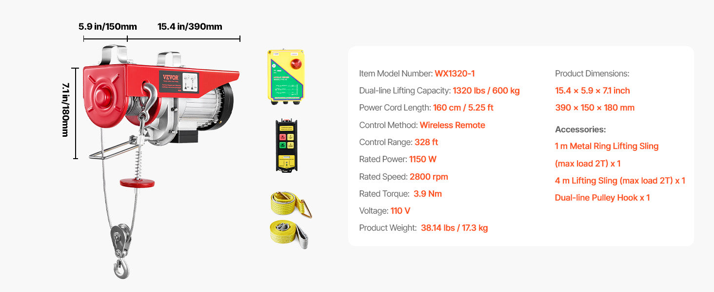 SucceBuy 1320-2200 lbs Wireless Electric Hoist with 40ft Single Cable Lifting Height Steel Wire Winch for Garage Warehouse