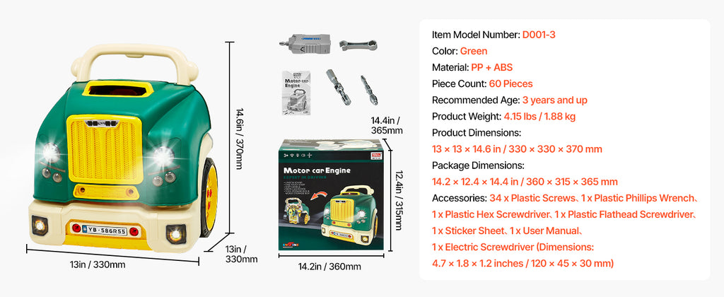 SucceBuy 60 Pcs Kids Mechanic Car Repair Set with Removable Parts & Horn Workshop Set Engine Toy for Toddler Children Gift