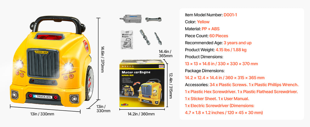 SucceBuy 60 Pcs Kids Mechanic Car Repair Set with Removable Parts & Horn Workshop Set Engine Toy for Toddler Children Gift