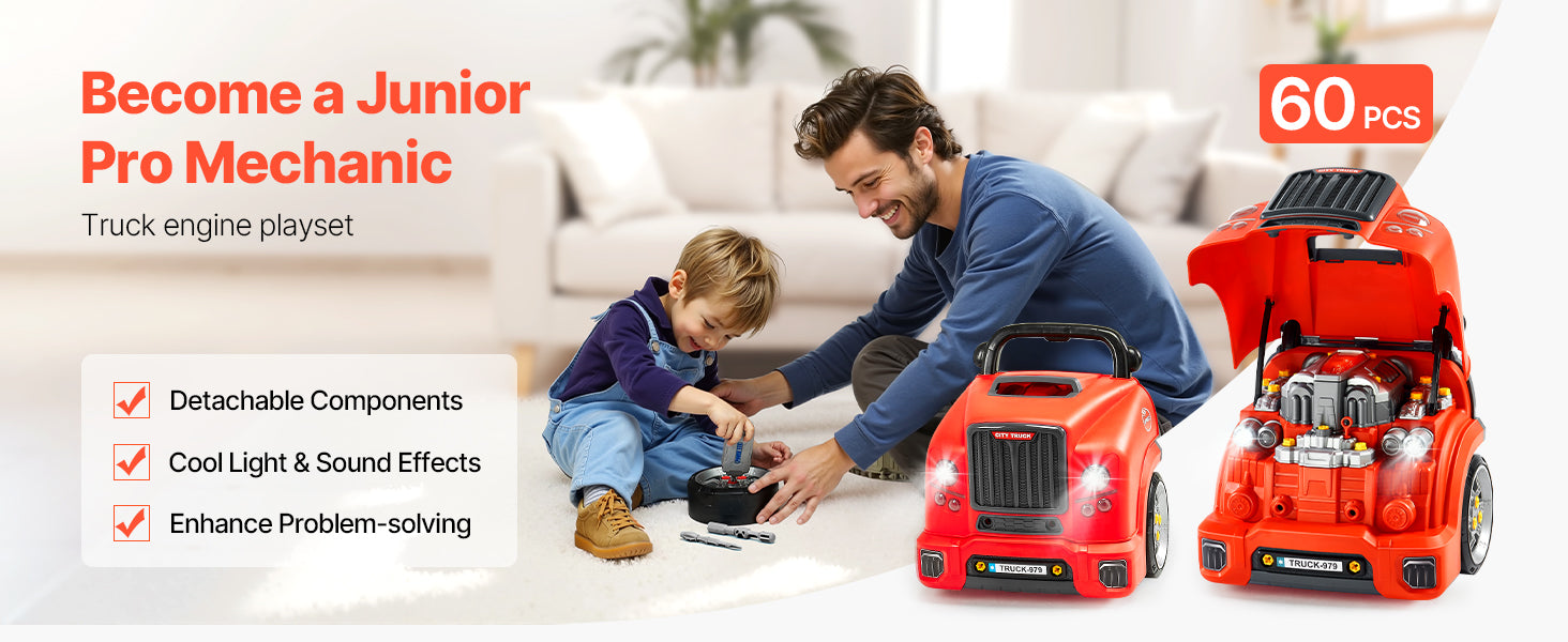 SucceBuy 60 Pcs Kids Mechanic Car Repair Set with Removable Parts & Horn Workshop Set Engine Toy for Toddler Children Gift