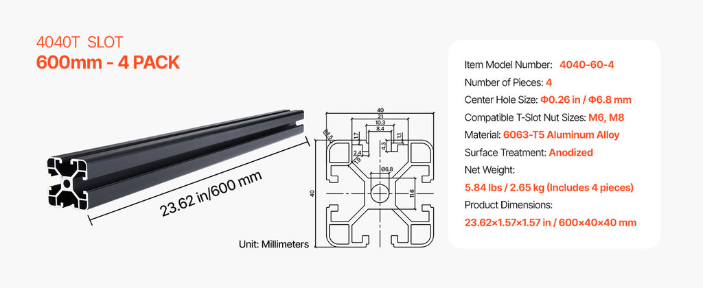 SucceBuy 4PCS 600mm/1000mm T Slot 4040 Aluminum Extrusion Profile Linear Rail for 3D Printer, CNC Machine DIY, Laser Engraving