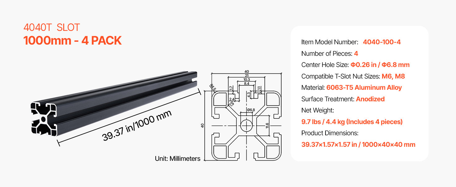SucceBuy 4PCS 600mm/1000mm T Slot 4040 Aluminum Extrusion Profile Linear Rail for 3D Printer, CNC Machine DIY, Laser Engraving