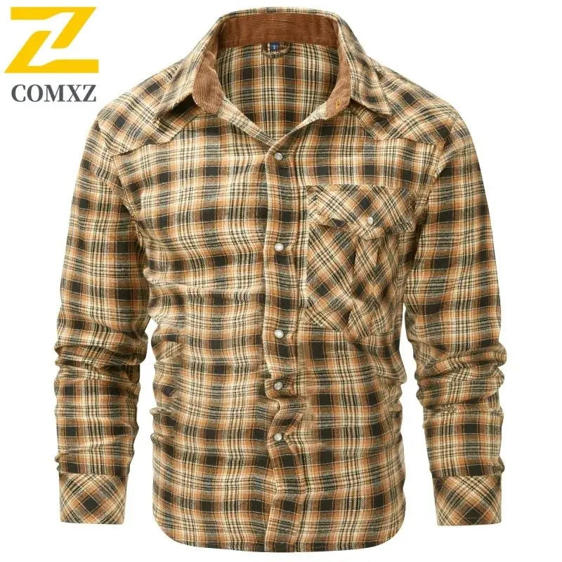 Fashion Jacket Men's Spring Autumn Casual Classic Plaid Button Long Sleeve Top Multi - pocket Business Casual Flannel Shirt Coat - Beauty