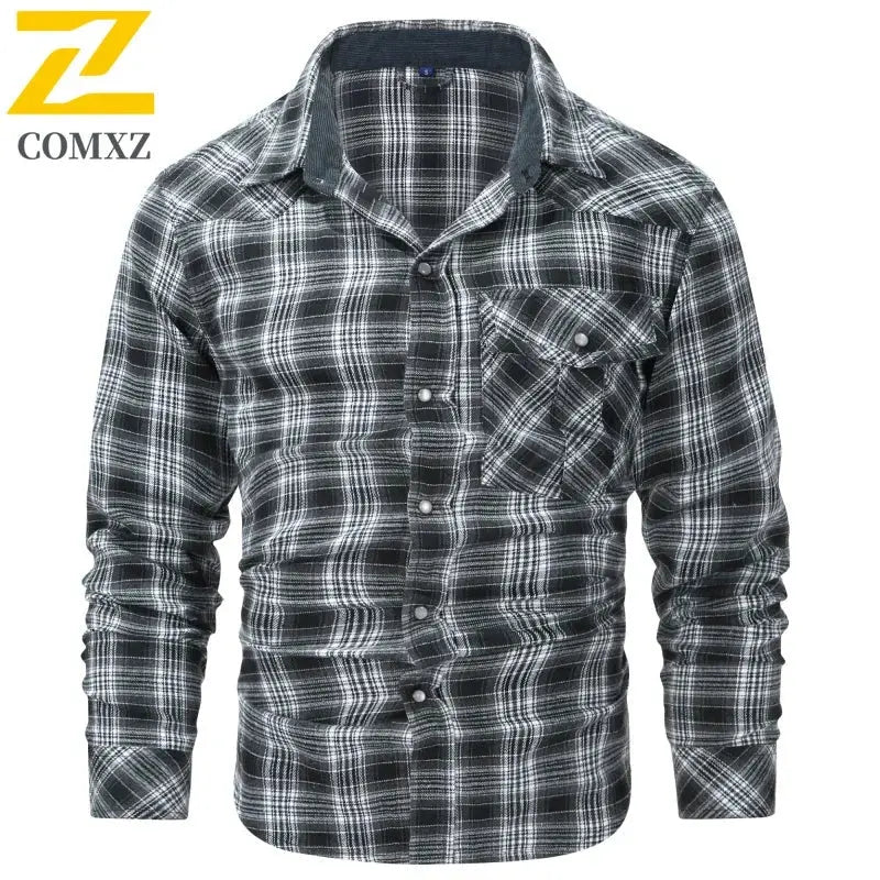 Fashion Jacket Men's Spring Autumn Casual Classic Plaid Button Long Sleeve Top Multi - pocket Business Casual Flannel Shirt Coat - Beauty