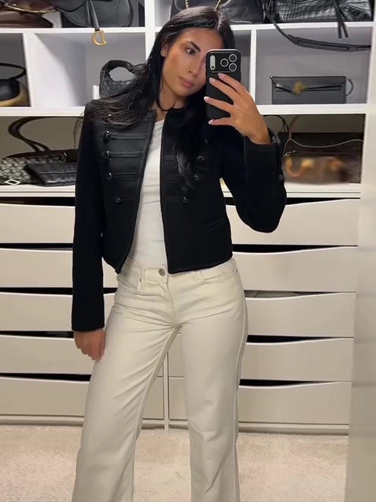 Fashion Round Neck Cropped Jacket For Women Casual Long Sleeve Double Breasted Short Coat Lady 2026 Spring Chic Street Outerwear - Beauty