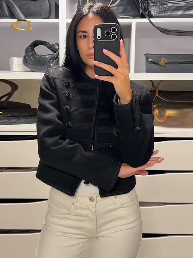 Fashion Round Neck Cropped Jacket For Women Casual Long Sleeve Double Breasted Short Coat Lady 2026 Spring Chic Street Outerwear - Beauty