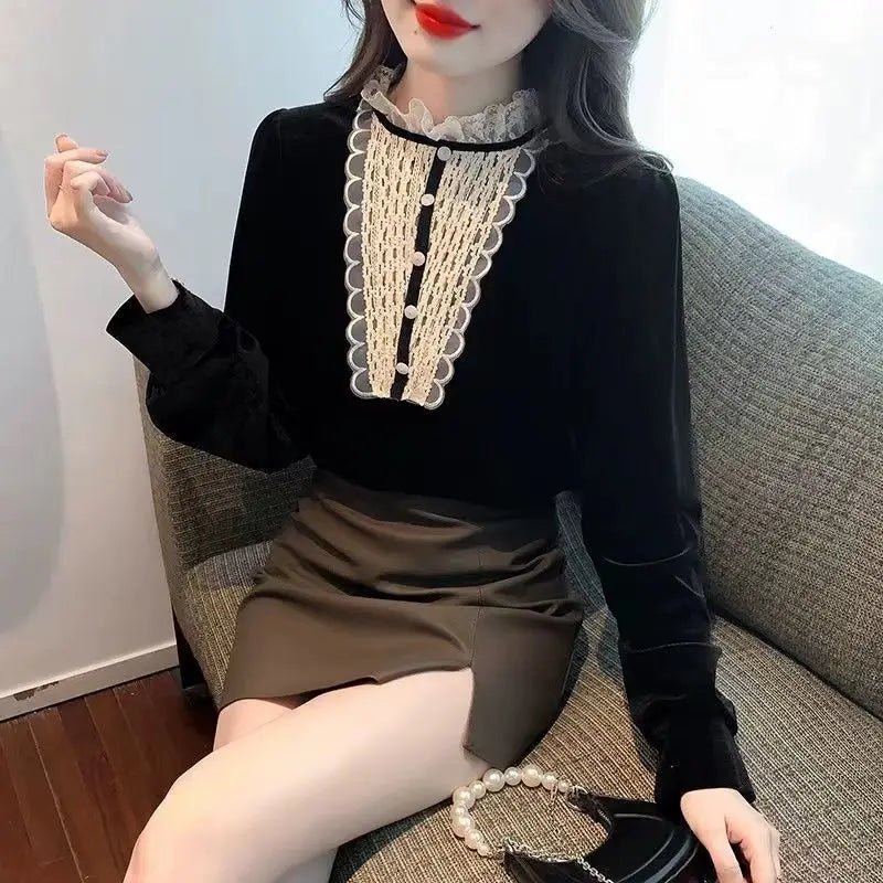 Fashionable Long Sleeved Gold Velvet Lace Base Shirt Women's Top Stylish Small Shirt - Beauty