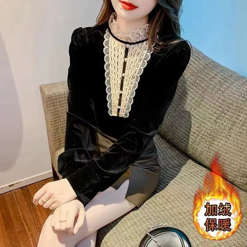 Fashionable Long Sleeved Gold Velvet Lace Base Shirt Women's Top Stylish Small Shirt - Beauty