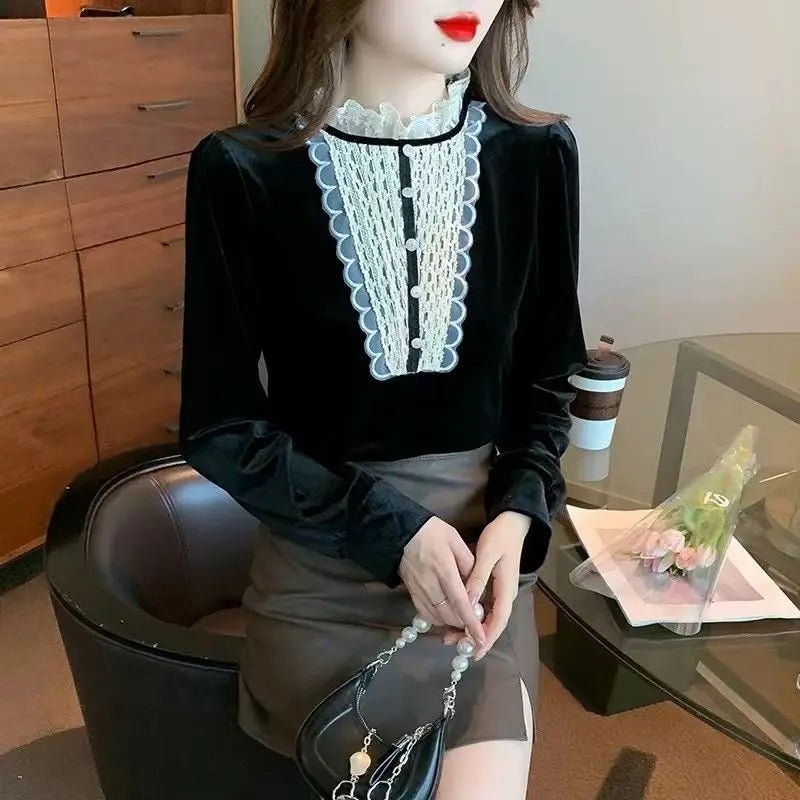 Fashionable Long Sleeved Gold Velvet Lace Base Shirt Women's Top Stylish Small Shirt - Beauty