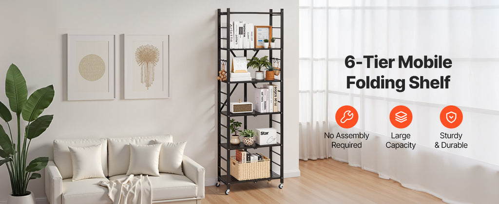 SucceBuy 6/5/4/3 Tier Black Foldable Storage Shelf with Wheels Folding Metal Rack Shelving Unit Organizer for Garage Kitchen
