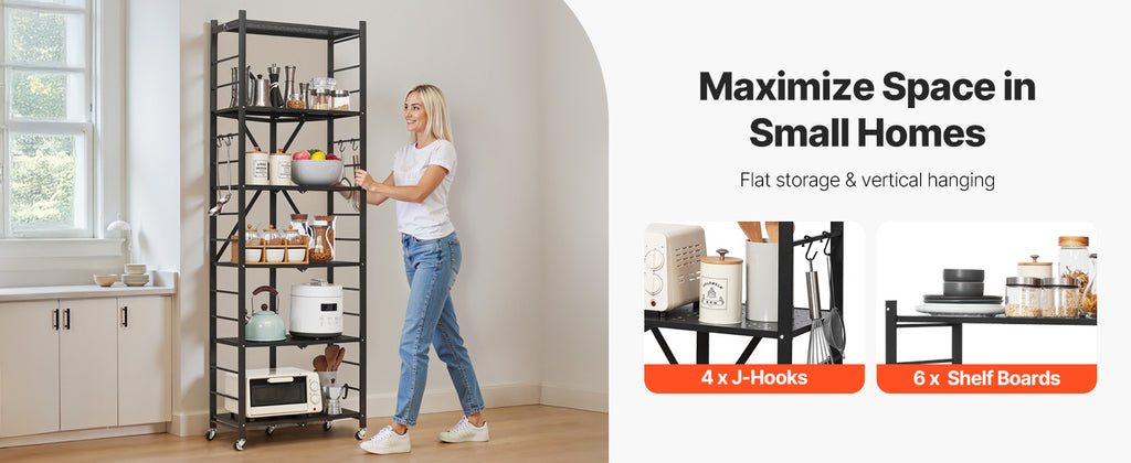 SucceBuy 6/5/4/3 Tier Black Foldable Storage Shelf with Wheels Folding Metal Rack Shelving Unit Organizer for Garage Kitchen