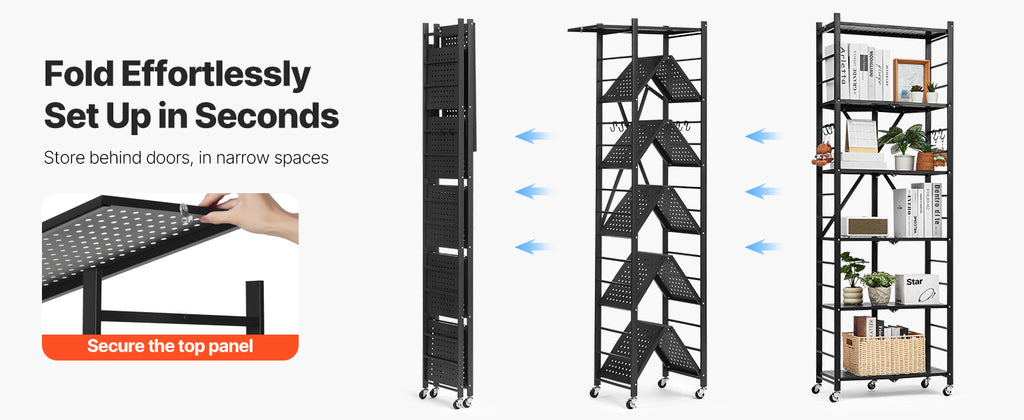SucceBuy 6/5/4/3 Tier Black Foldable Storage Shelf with Wheels Folding Metal Rack Shelving Unit Organizer for Garage Kitchen
