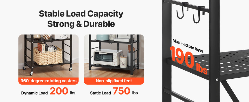 SucceBuy 6/5/4/3 Tier Black Foldable Storage Shelf with Wheels Folding Metal Rack Shelving Unit Organizer for Garage Kitchen