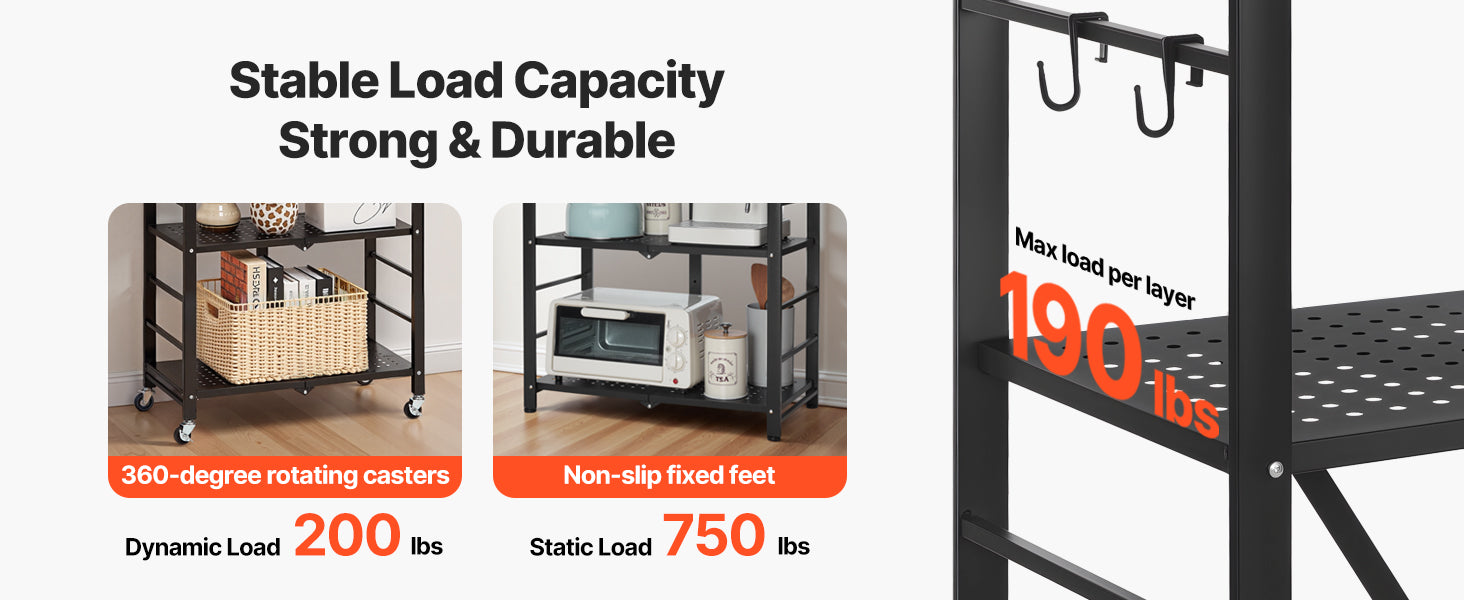 SucceBuy 6/5/4/3 Tier Black Foldable Storage Shelf with Wheels Folding Metal Rack Shelving Unit Organizer for Garage Kitchen