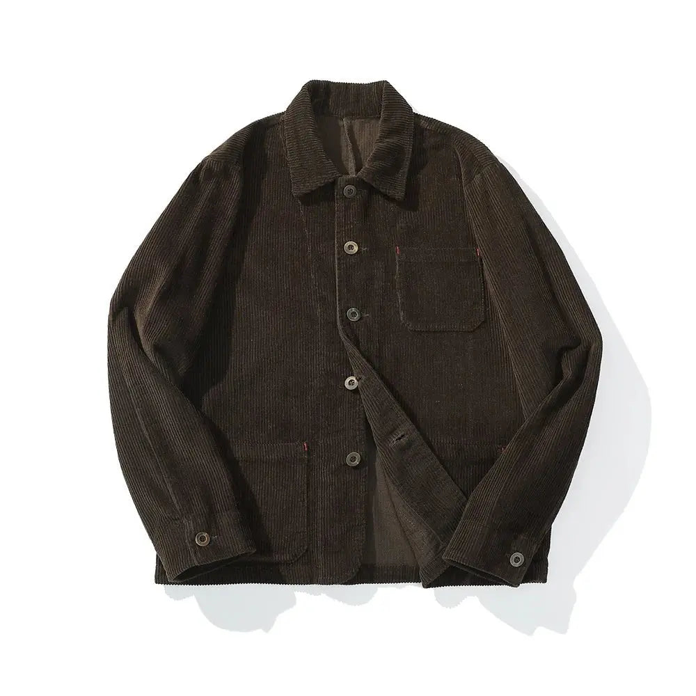 French Retro Tooling Jacket Men Heavy Corduroy Vintage Lapel Multi Pockets Workwear Jacket Winter Solid Casual Cardigan Coat Top - Beauty
