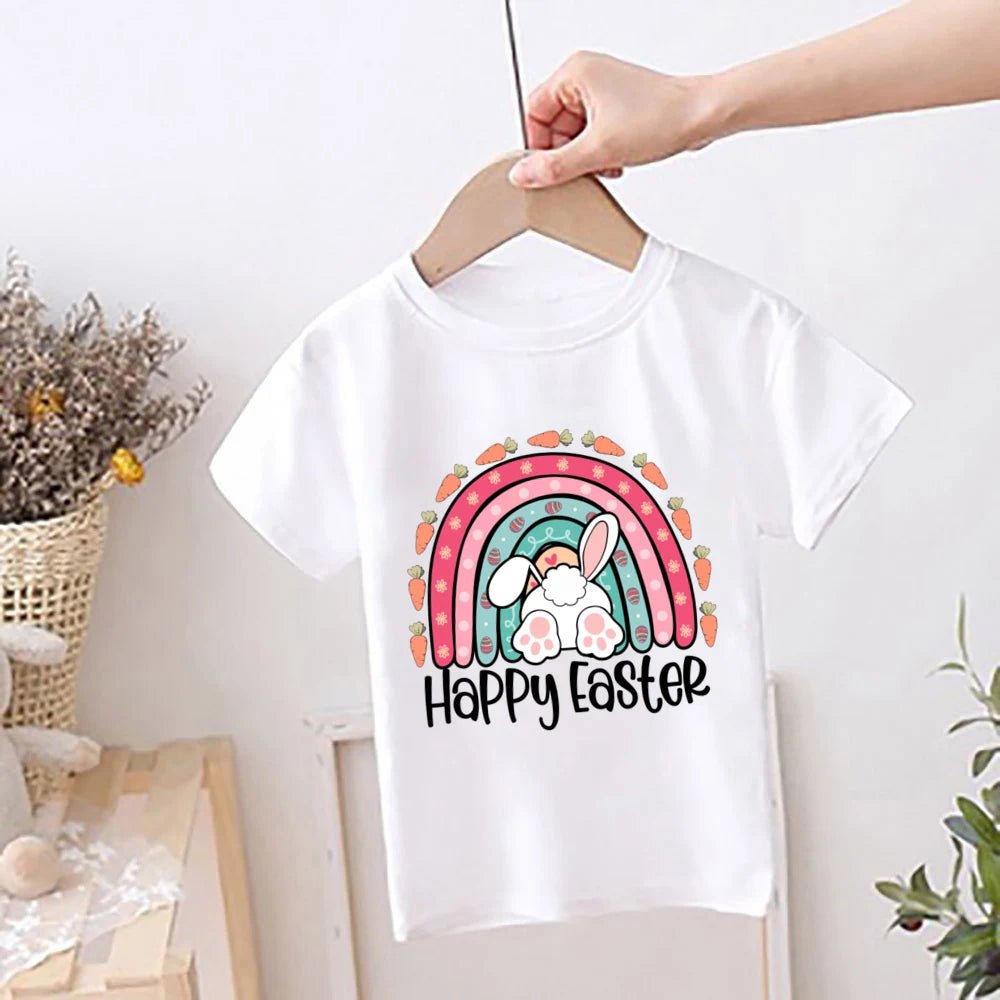 Happy Easter Rainbow Printed Kids Shirts Easter Party Child Outfit T-shirt Children Holiay Clothes Boys Girls Short Sleeve Shirt - Beauty