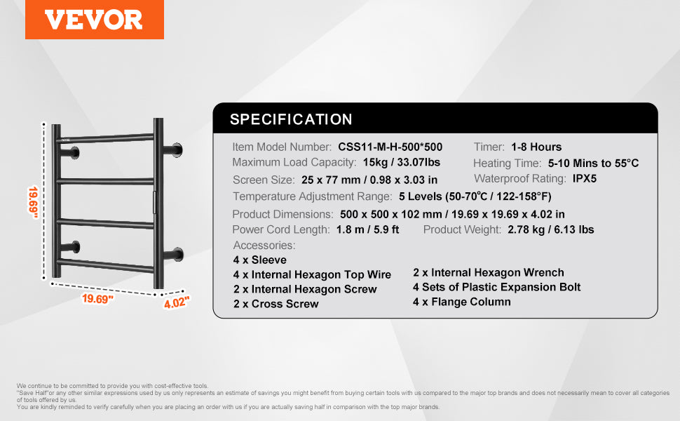SucceBuy 4/6/8/10 Bars Towel Warmer Rack Wall Mounted Heated Towel for Bathroom IPX5 Waterpoof 5 Levels Temperature Towel Heater