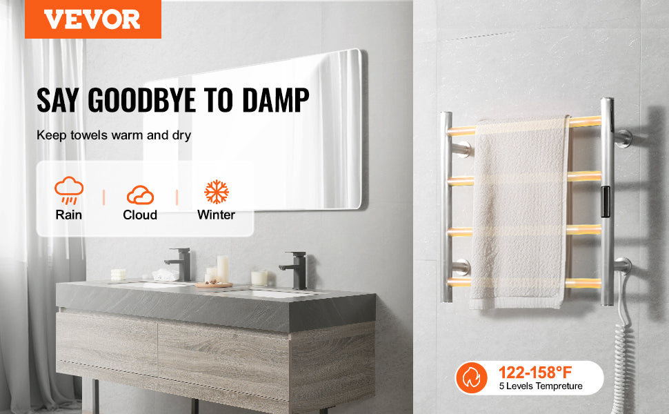 SucceBuy 4/6/8/10 Bars Towel Warmer Rack Wall Mounted Heated Towel for Bathroom IPX5 Waterpoof 5 Levels Temperature Towel Heater