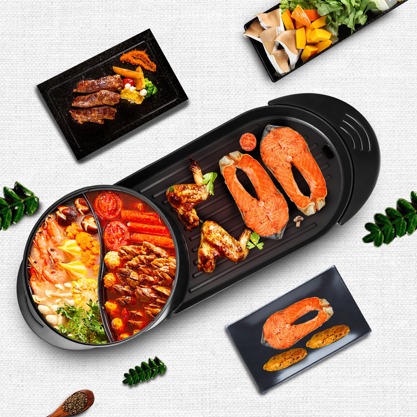 SucceBuy 2in1 Electric BBQ Pan Grill Hot Pot Multifunction Home Portable Smokeless Nonstick Detachable Hot Pot Barbecue Plate