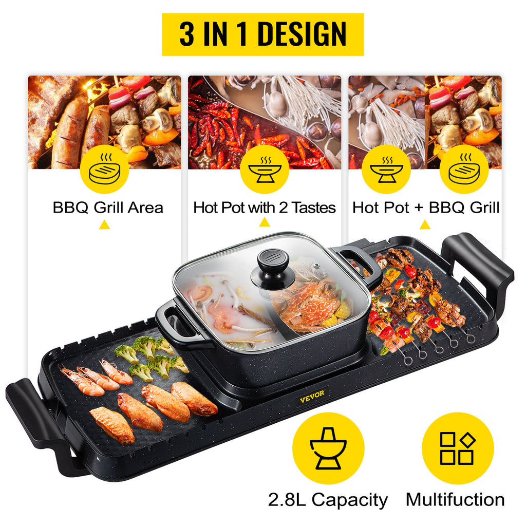 SucceBuy 2in1 Electric BBQ Pan Grill Hot Pot Multifunction Home Portable Smokeless Nonstick Detachable Hot Pot Barbecue Plate