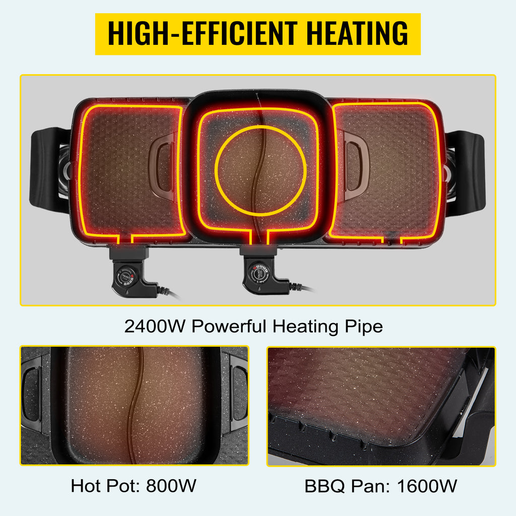 SucceBuy 2in1 Electric BBQ Pan Grill Hot Pot Multifunction Home Portable Smokeless Nonstick Detachable Hot Pot Barbecue Plate