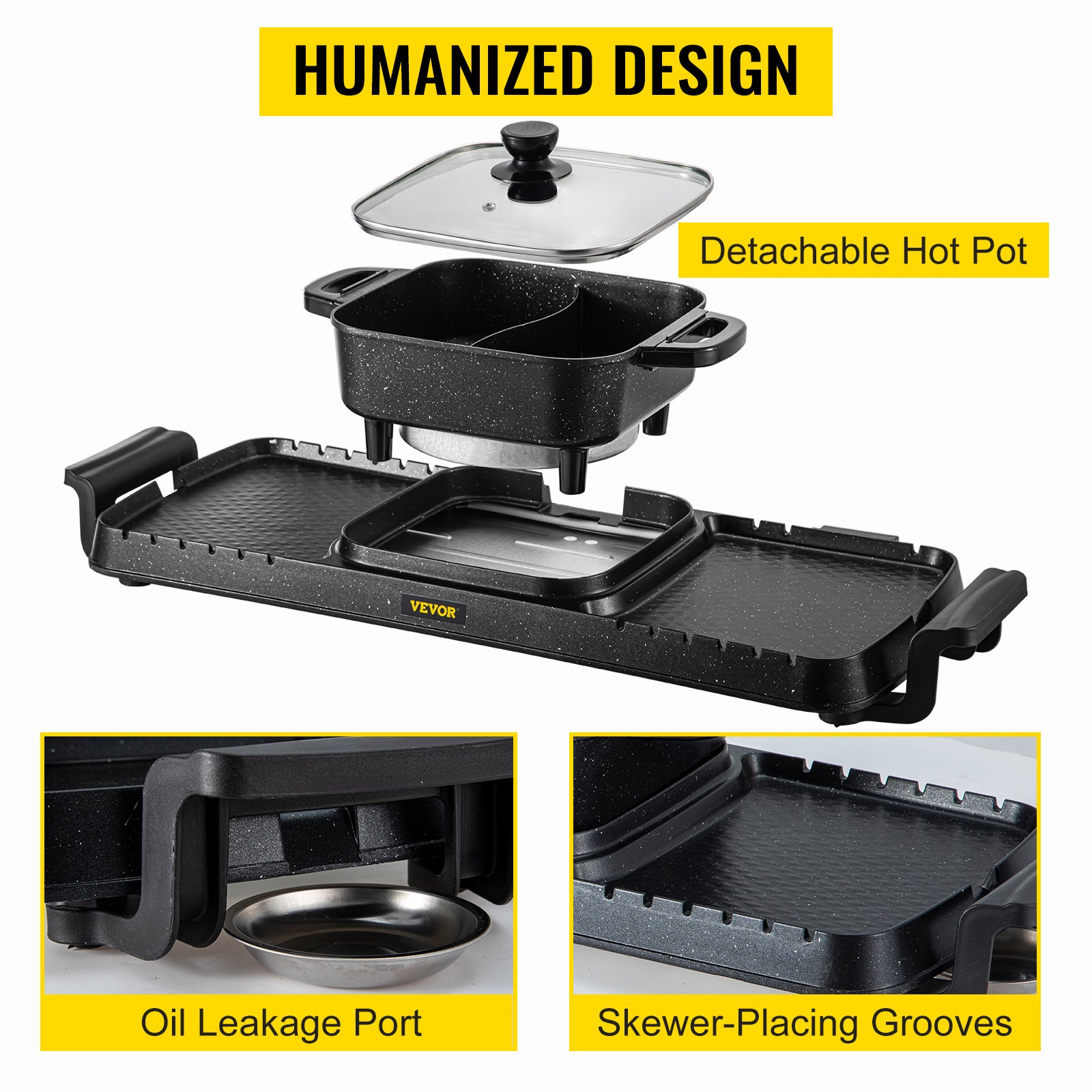 SucceBuy 2in1 Electric BBQ Pan Grill Hot Pot Multifunction Home Portable Smokeless Nonstick Detachable Hot Pot Barbecue Plate