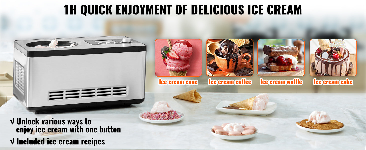 SucceBuy Automatic Ice Cream Maker with Built-in Compressor 2 Quart No Pre-freezing Fruit Yogurt Machine Electric Sorbet Maker