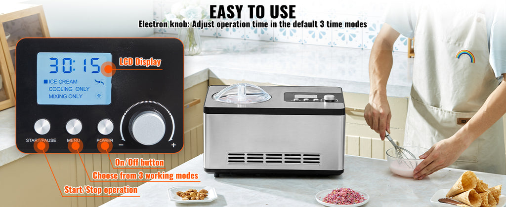 SucceBuy Automatic Ice Cream Maker with Built-in Compressor 2 Quart No Pre-freezing Fruit Yogurt Machine Electric Sorbet Maker