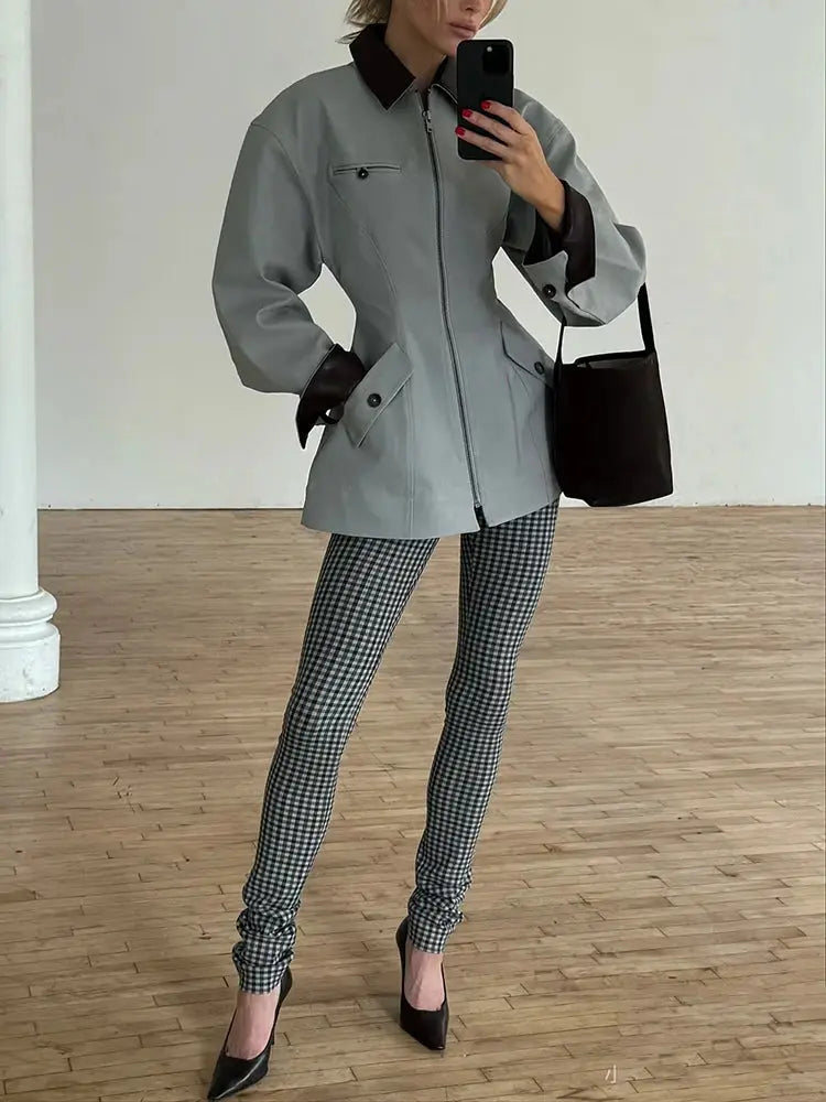 Leather - paneled jacket, a vintage, old - money style contrasting color lapel long - sleeved women's jacket. - Beauty