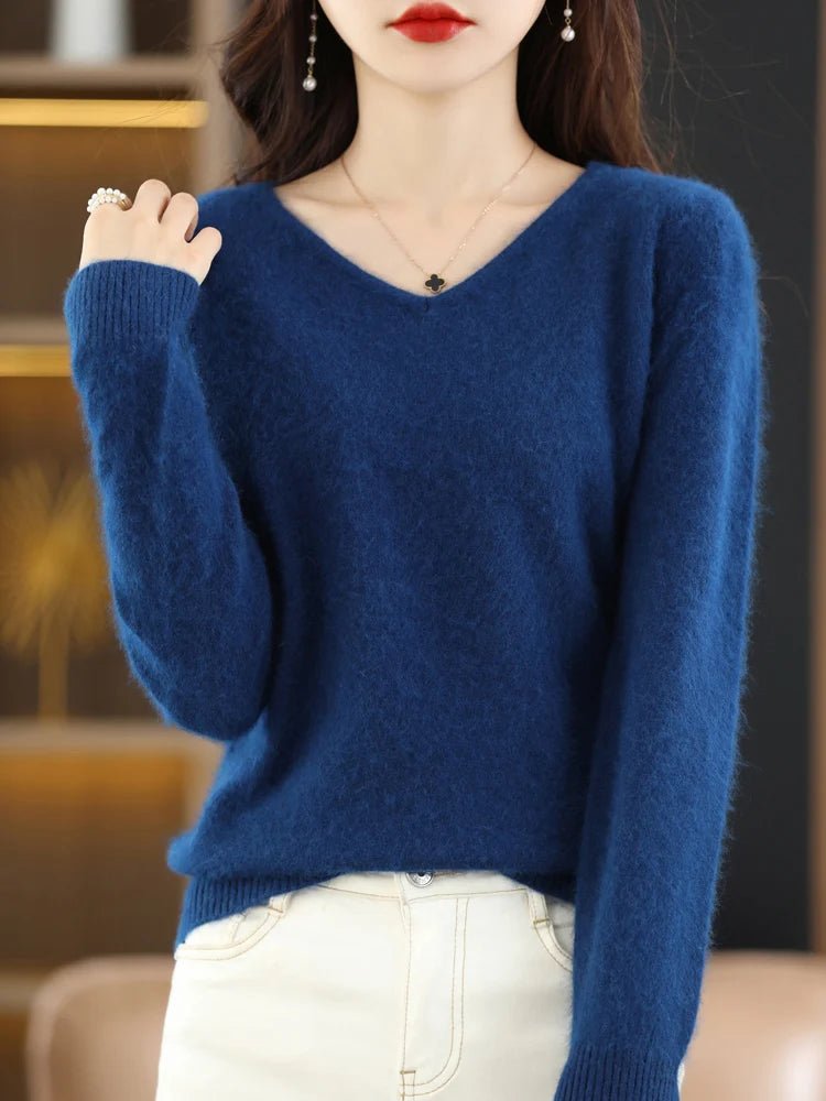 LHZSYY Super Warm 100% Mink Cashmere Women Sweaters V - Neck And Pullovers Winter High Elasticity Soft Tops Casual Basic Jumper - Beauty