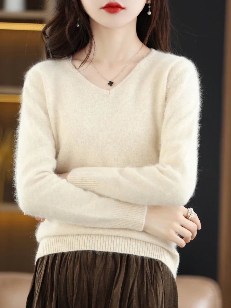 LHZSYY Super Warm 100% Mink Cashmere Women Sweaters V - Neck And Pullovers Winter High Elasticity Soft Tops Casual Basic Jumper - Beauty