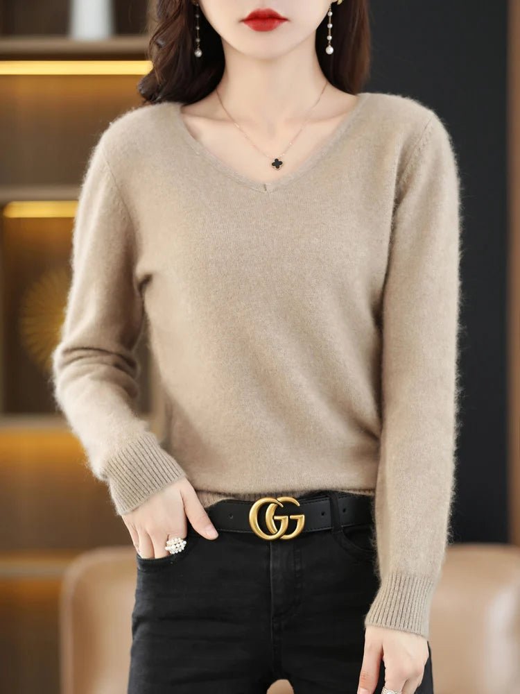 LHZSYY Super Warm 100% Mink Cashmere Women Sweaters V - Neck And Pullovers Winter High Elasticity Soft Tops Casual Basic Jumper - Beauty