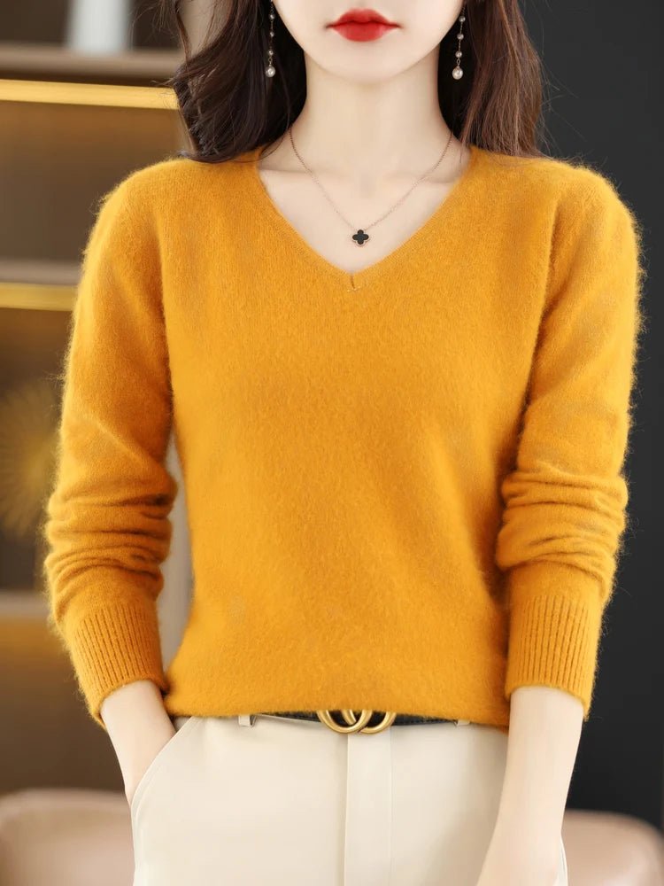 LHZSYY Super Warm 100% Mink Cashmere Women Sweaters V - Neck And Pullovers Winter High Elasticity Soft Tops Casual Basic Jumper - Beauty