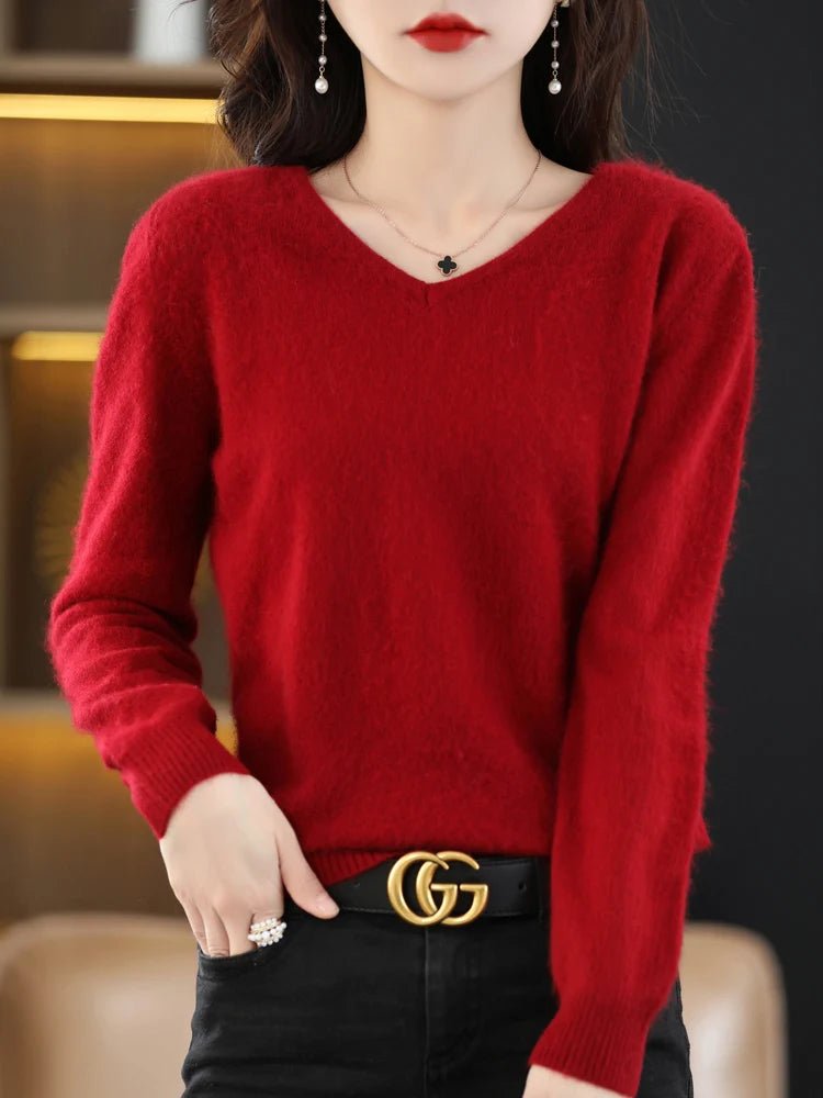 LHZSYY Super Warm 100% Mink Cashmere Women Sweaters V - Neck And Pullovers Winter High Elasticity Soft Tops Casual Basic Jumper - Beauty
