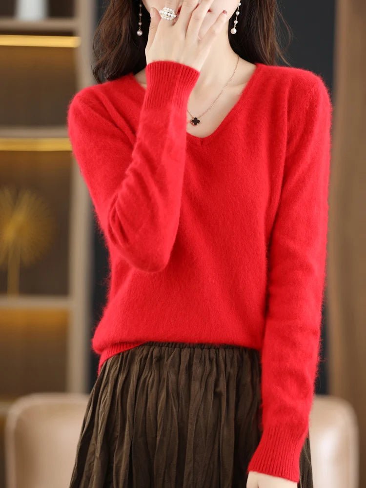 LHZSYY Super Warm 100% Mink Cashmere Women Sweaters V - Neck And Pullovers Winter High Elasticity Soft Tops Casual Basic Jumper - Beauty