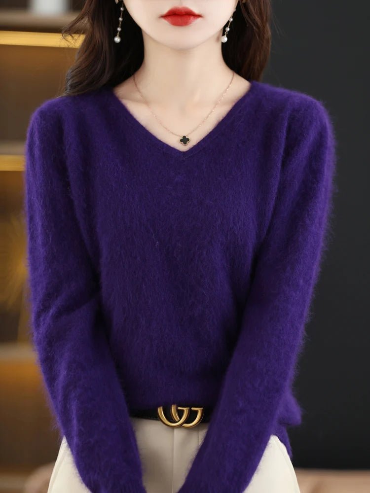 LHZSYY Super Warm 100% Mink Cashmere Women Sweaters V - Neck And Pullovers Winter High Elasticity Soft Tops Casual Basic Jumper - Beauty