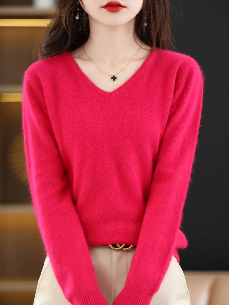 LHZSYY Super Warm 100% Mink Cashmere Women Sweaters V - Neck And Pullovers Winter High Elasticity Soft Tops Casual Basic Jumper - Beauty