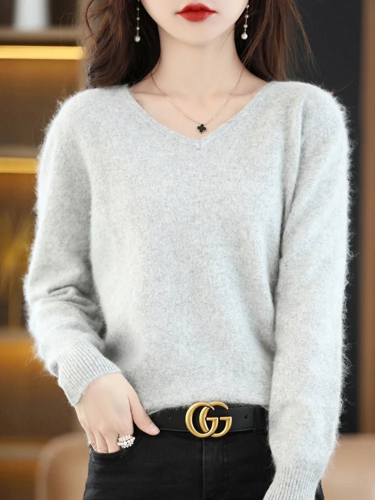 LHZSYY Super Warm 100% Mink Cashmere Women Sweaters V - Neck And Pullovers Winter High Elasticity Soft Tops Casual Basic Jumper - Beauty