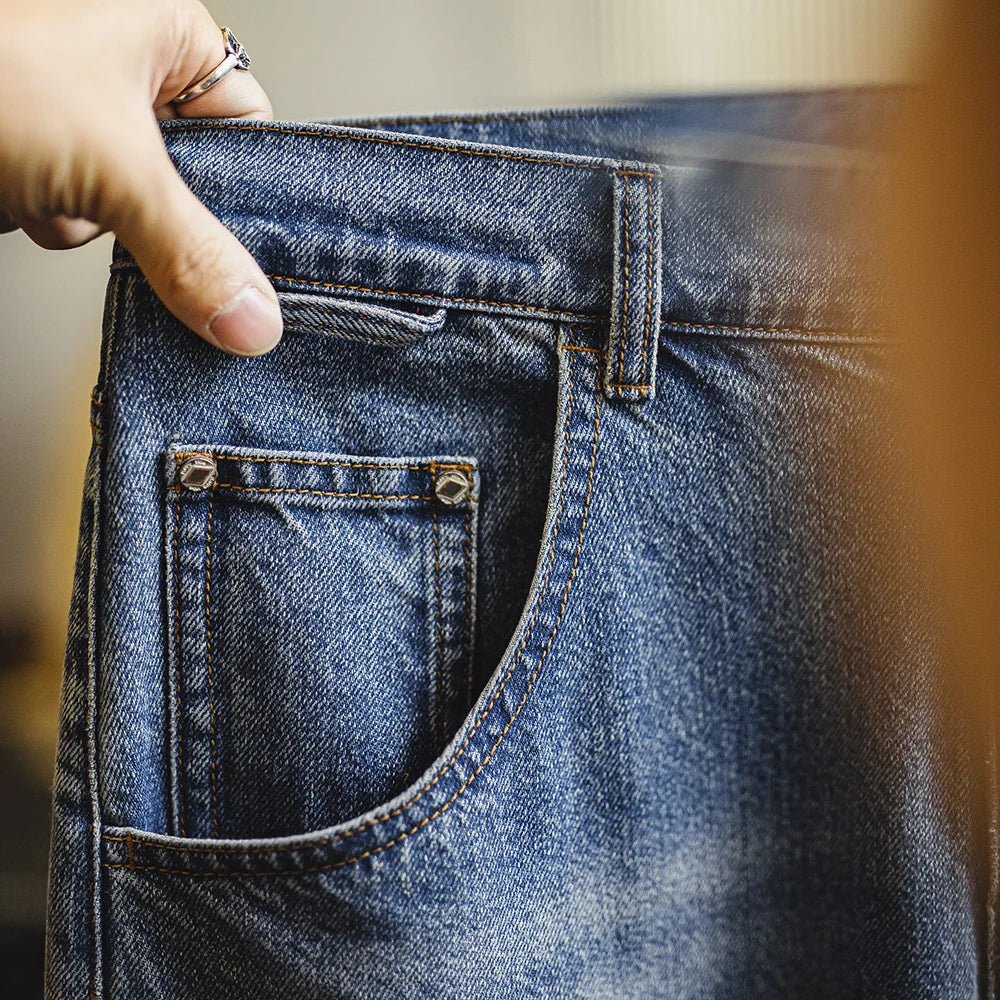 Maden Men's 12.6oz Washed Denim Jeans Large - Size Straight Cotton Jeans with Retro Cat Whiskers Jeans for Spring Versatile Pants - Beauty