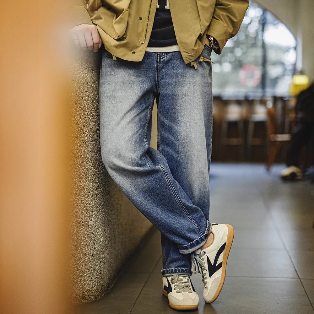 Maden Men's 12.6oz Washed Denim Jeans Large - Size Straight Cotton Jeans with Retro Cat Whiskers Jeans for Spring Versatile Pants - Beauty