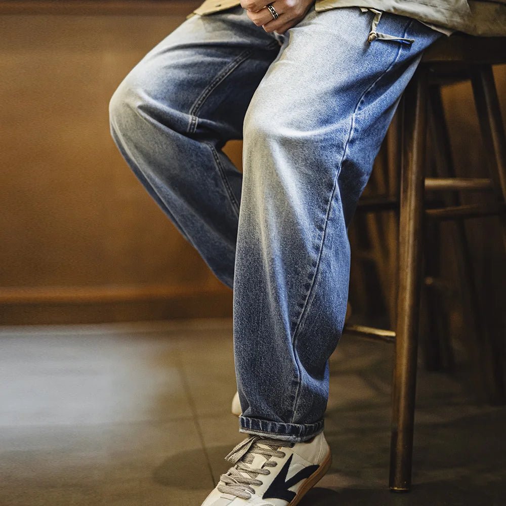 Maden Men's 12.6oz Washed Denim Jeans Large - Size Straight Cotton Jeans with Retro Cat Whiskers Jeans for Spring Versatile Pants - Beauty