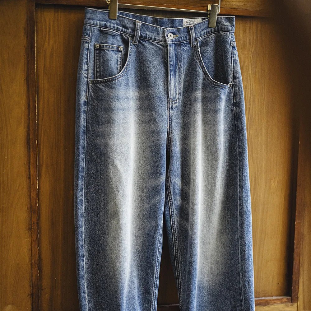 Maden Men's 12.6oz Washed Denim Jeans Large - Size Straight Cotton Jeans with Retro Cat Whiskers Jeans for Spring Versatile Pants - Beauty